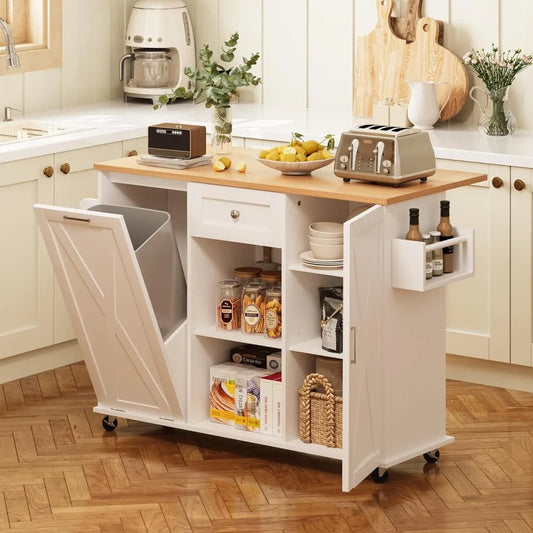 Rolling Kitchen Island with Trash Can Storage, 48” Kitchen Island Cart with Drop Leaf Countertop, Island Table with Drawer & She