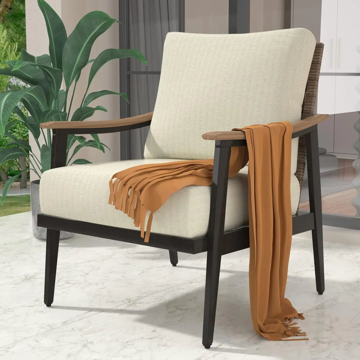 Patio Sofa Outdoor Furniture Metal Chair with Wicker Backrest & 6 Inches Cushion for Indoor, Front Porch, Deck,Balcony, Backyard