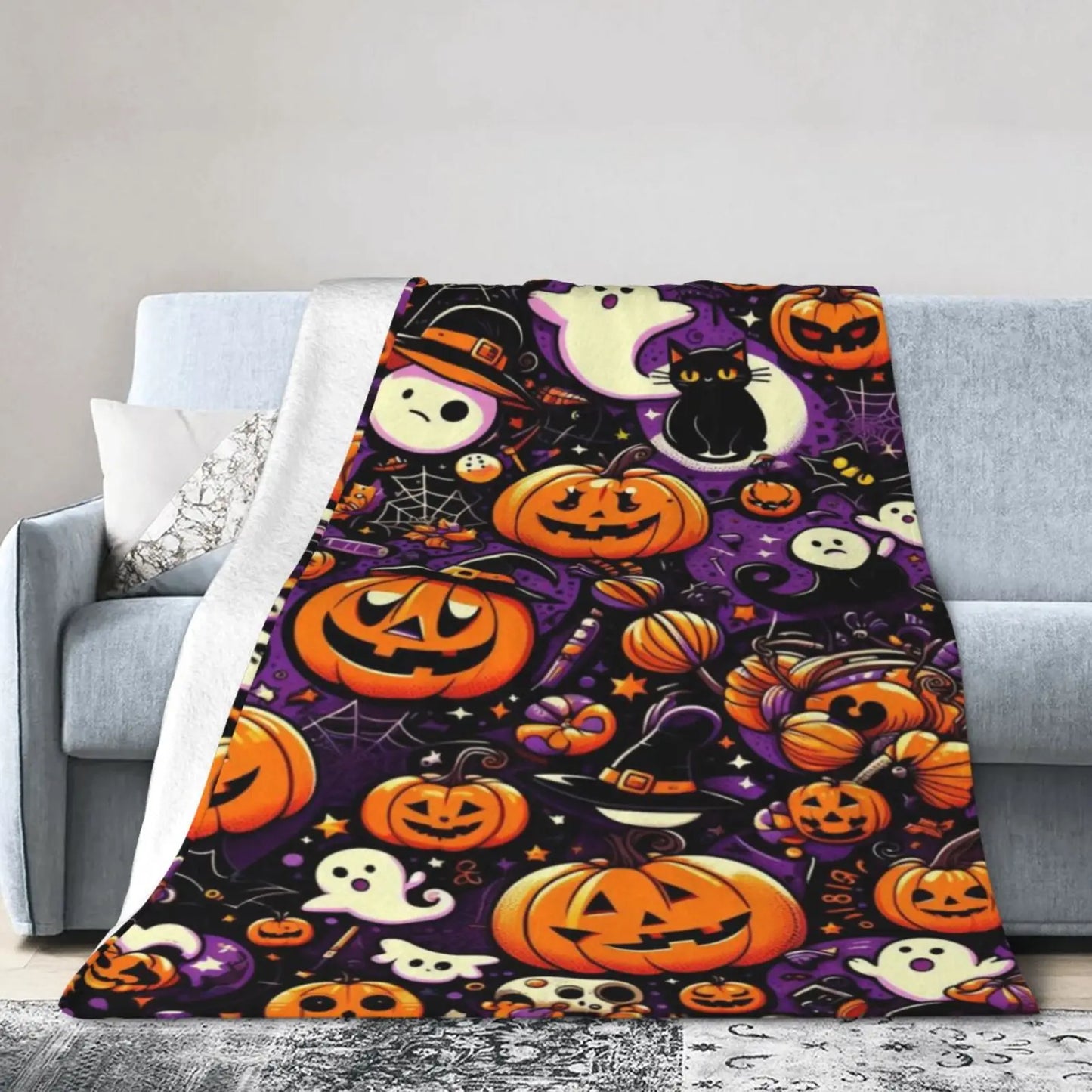 Halloween Ultra-Soft Micro Fleece Blanket - Vintage Festive Pumpkin And Ghost Design,  Multi-season Comfort For Sofa, Bed, Car