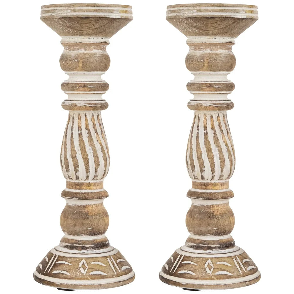 Set of 2 Antique Etched Pillar Candle Holders Black Metal Saucer Indoor Decor Elegant Home Accent Wide Base 12 Inch Tall