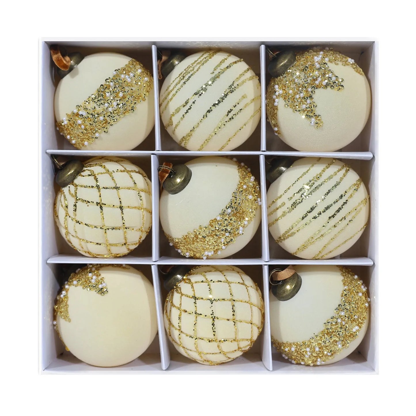 Christmas Ornament Red Gold Patterned Flocked Plastic 8cm 9pcs Christmas Tree Decor Festive Home Xmas Ball Set Accessory