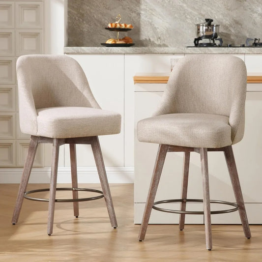 Counter Height Bar Stools Set of 2, Modern Mid-Century Swivel Barstools with Backs and Wood Legs, Linen Fabric Upholstered