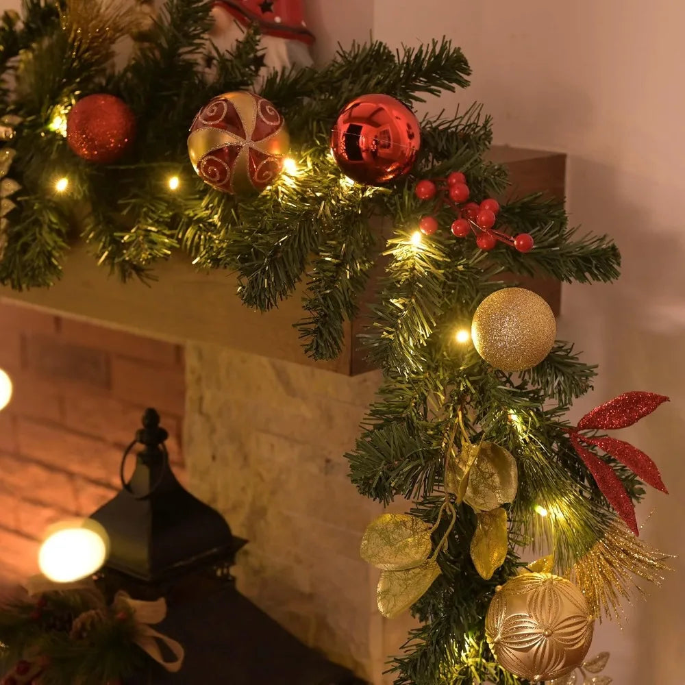 Illuminated Christmas Garland with Red and Gold Balls and Ribbons, 9 Feet Long for Mantle and Outdoor Holiday Decorations