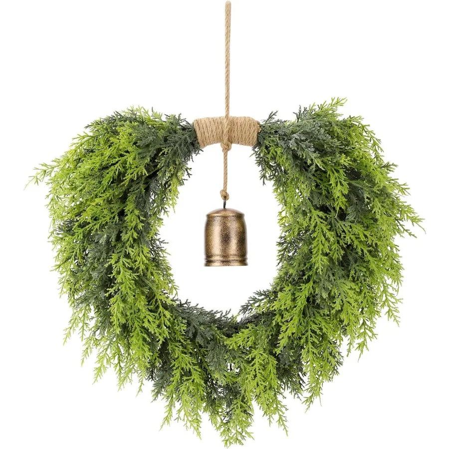 Real Touch Artificial Cedar Wreath 20 with Bell for Front Door Indoor Outdoor Christmas Decorations Faux Pine Greenery Heart Wr