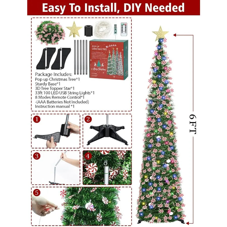 6 FT Pop Up Tinsel Christmas Tree with 100 Colored Timer Lights Remote Control Green Candy Collapsible Artificial Pencil Tree f