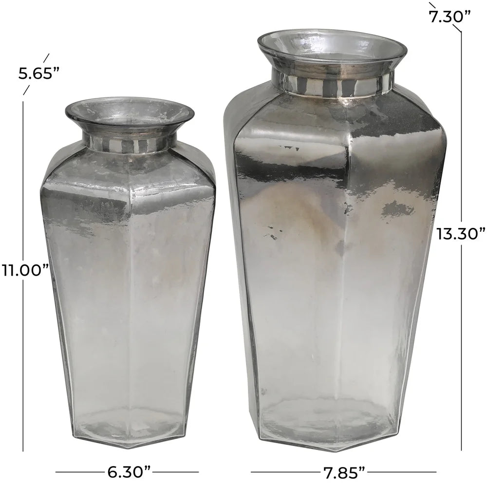 Geometric Hexagon Gray Glass Vases Set of 2 Elegant Home Decor Flower Arrangement Contemporary Accent Pieces