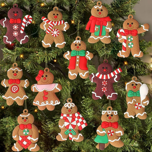 12pcs Gingerbread Man Ornaments for Christmas Tree, Assorted Gingerbread Figurines Ornaments, Christmas Tree Hanging Decorations