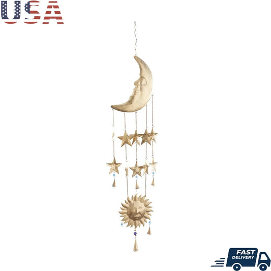 Gold Metal Windchime Bell with Moon Stars Sun Beads Indoor Hanging Decor 39 Inch Eclectic Gift Home Accent