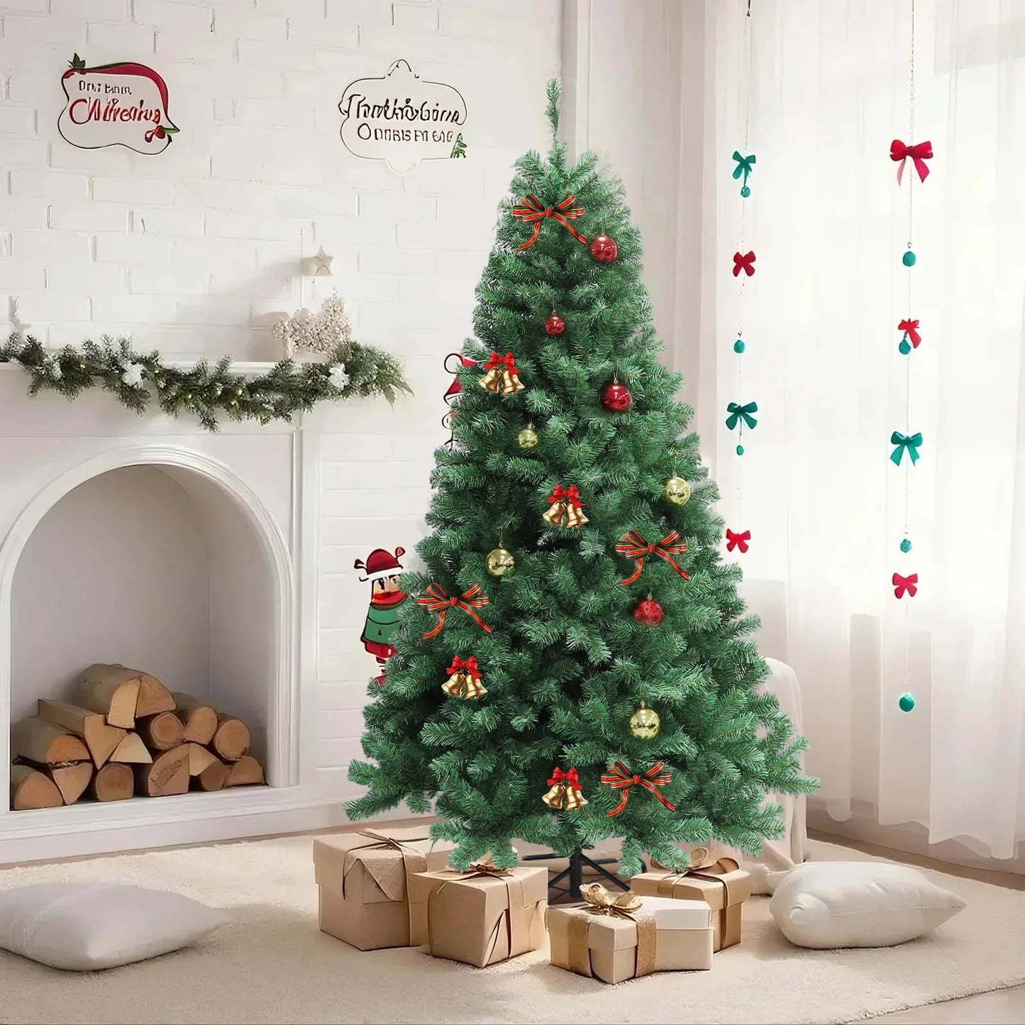 6-7ft Pre-Lit Christmas Tree, Artificial Hinged Xmas Tree With LED Lights, 8 Lighting Modes for Home Christmas Decoration