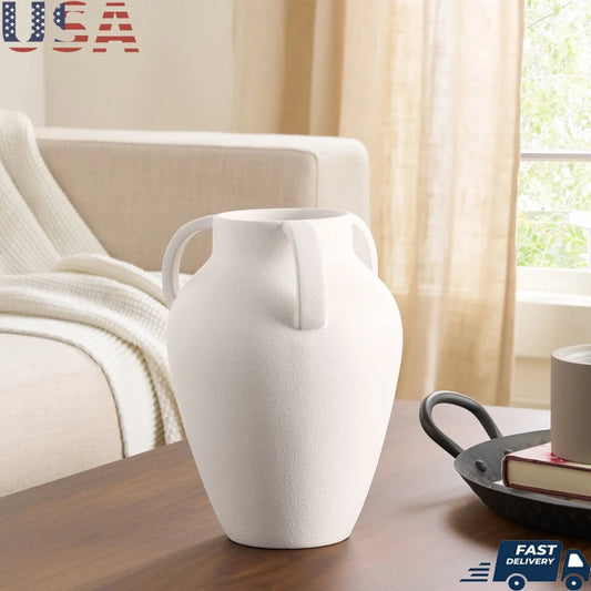 Handcrafted Ceramic Vase with Tapered Shape and Three Handles Decorative Home Accent Living Room Dining Office and More