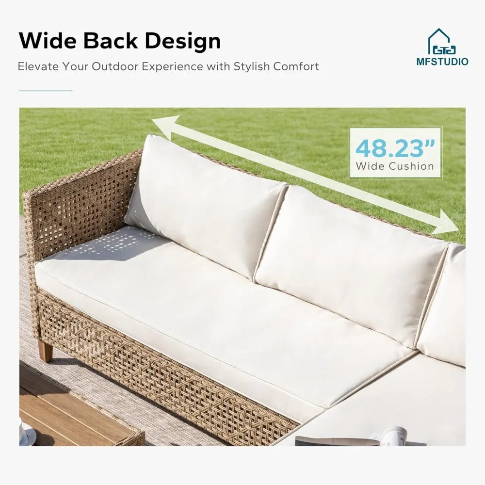 Patio Wicker Sectional Sofa Set 3 Pieces, Outdoor Small L-Shaped Couch Furniture Set with Wood Table and 2 Bench Sofa, 3-Piece