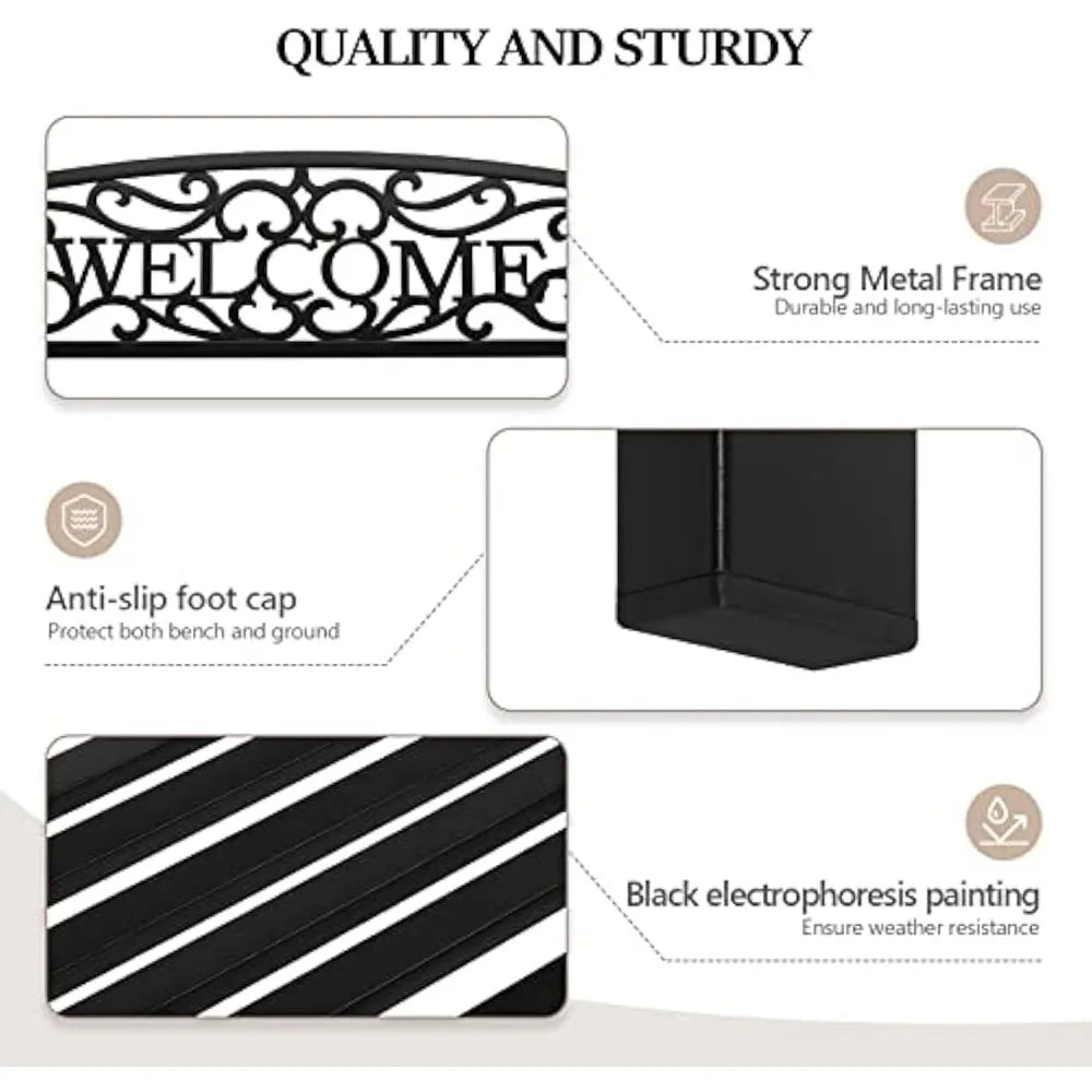 Outdoor Bench with PVC Back Pattern, Metal Garden Bench Black Steel Welcome Bench for Patio, Porch, Deck, Yard, Lawn Deco