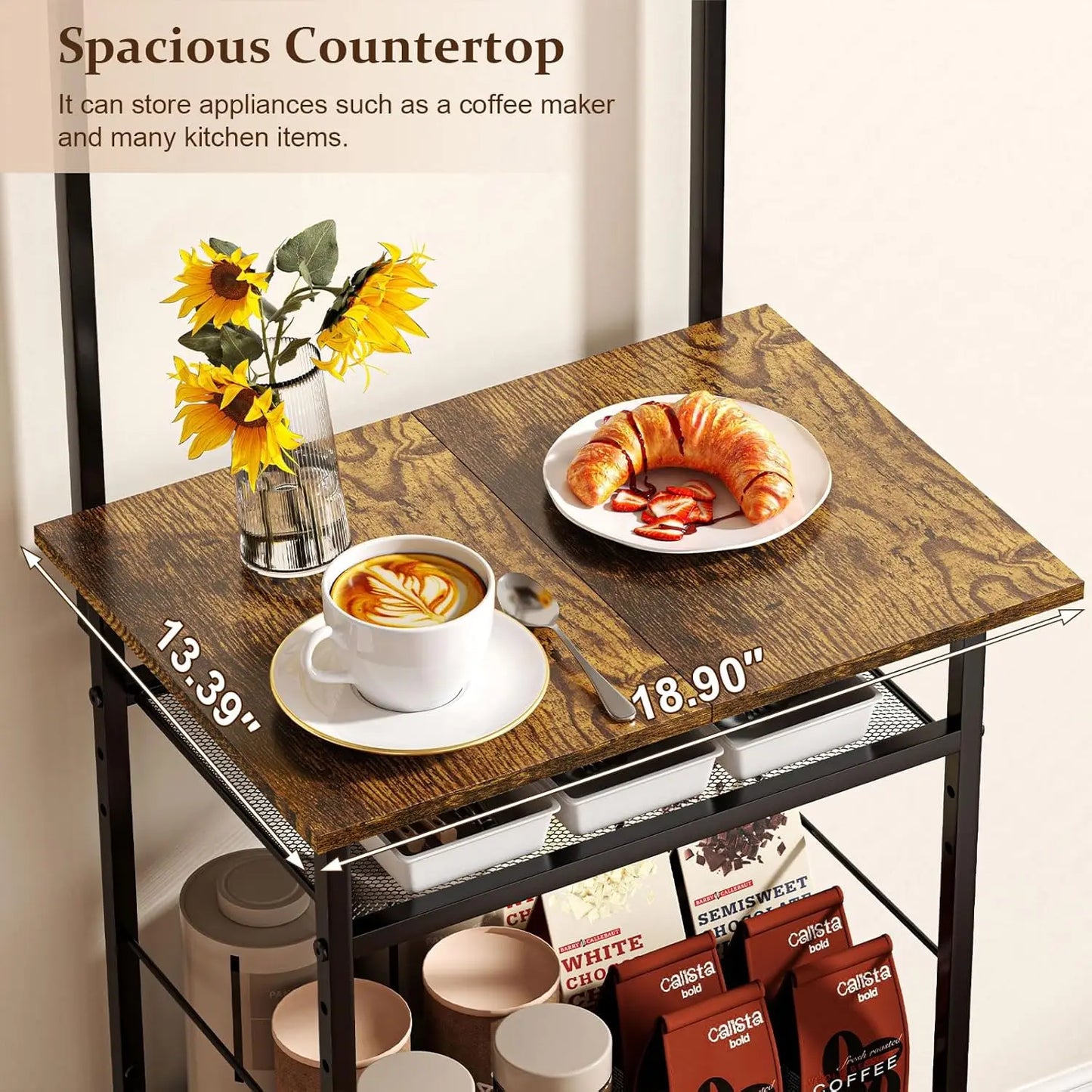 5 Tier Bakers Rack with Visual Cabinet, Coffee Bar Cabinet with 5 Hooks, 57.87”H Tall Microwave Stand for for Small Space