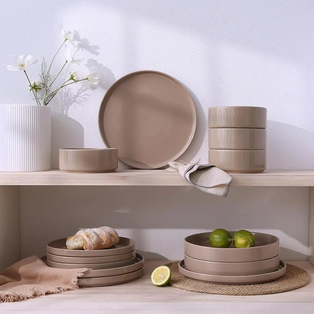 Nebula Plates And Bowls Set, 12 Pieces Dinnerware Sets, Dishes Set For 4, Cinnamon Brown