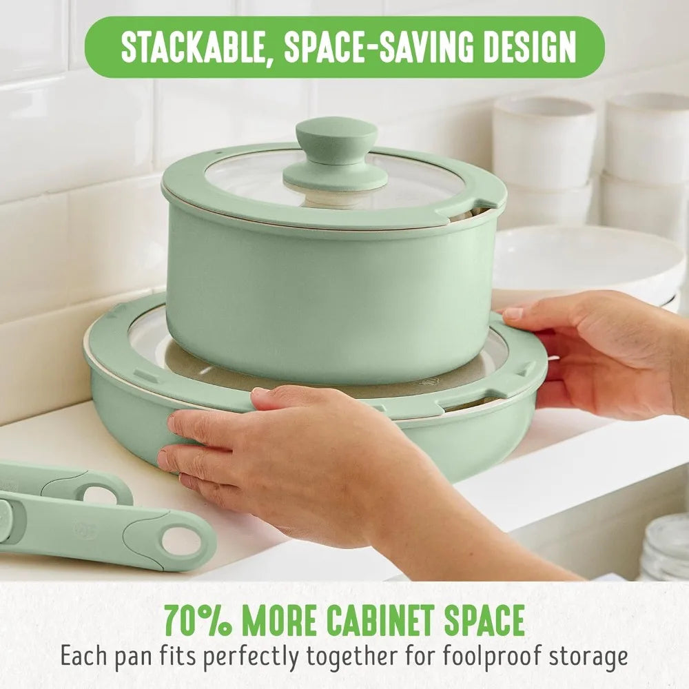 10 Piece Nonstick Pots & Pans Set, Detachable Handle & Stackable Cookware Set, Non Toxic PFAS-Free Skillets, Induction Kitc