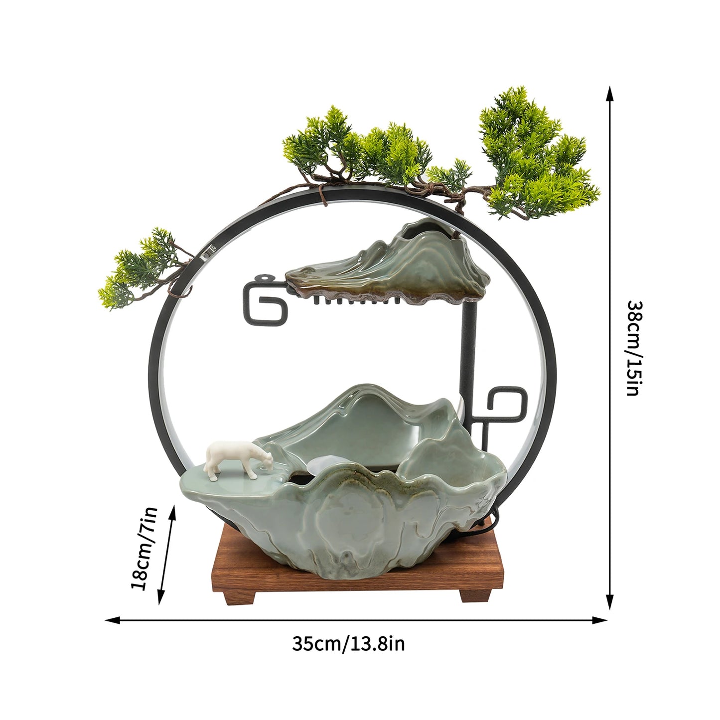 Multi-functional Tabletop Fountain with LED Light, Ceramic, Wooden Base, Pressure Relieving, Perfect for Meditation & Relaxation