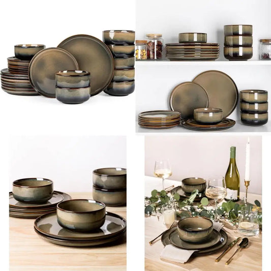 Handcrafted Terra Ceramic 8-Person Dinnerware Set with 24 Reactive Glazed Pieces, Including Plates and Bowls, Durable and Oven-S