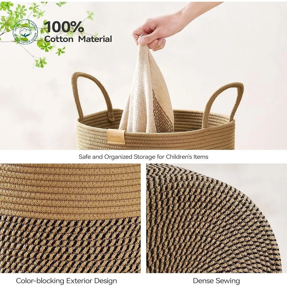 Large Laundry Hamper Woven Storage Basket Clothes Toys Decorative Cotton Rope with Handles Ideal Bedroom and Organizing