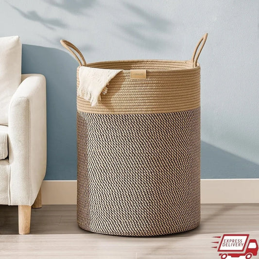 Large Laundry Hamper Woven Storage Basket Clothes Toys Decorative Cotton Rope with Handles Ideal Bedroom and Organizing