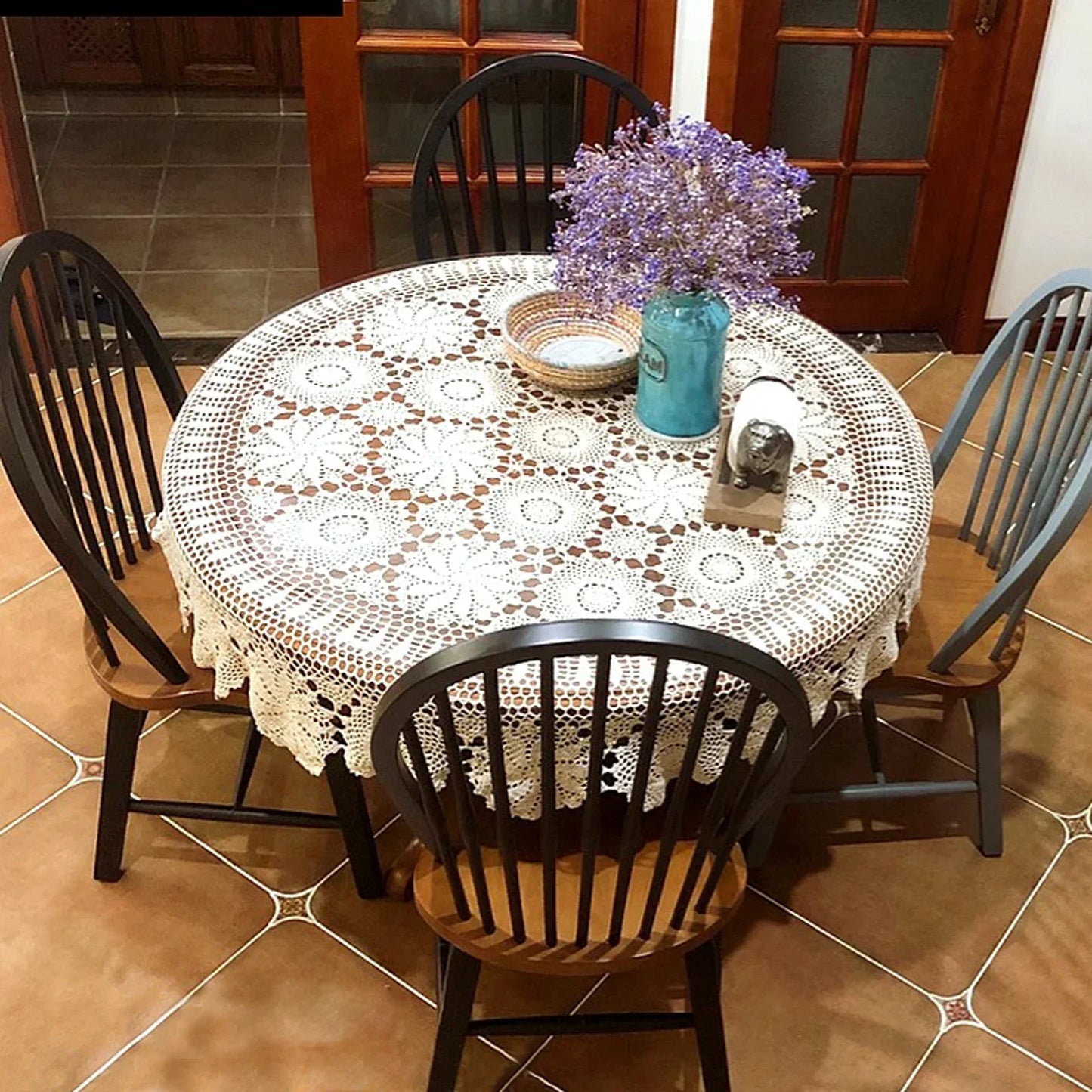 Handmade Crochet Tablecloth, 51.18" Round, Vintage Floral Cotton, Protects Furniture, Machine Washable, Ideal for Dining, Coffee