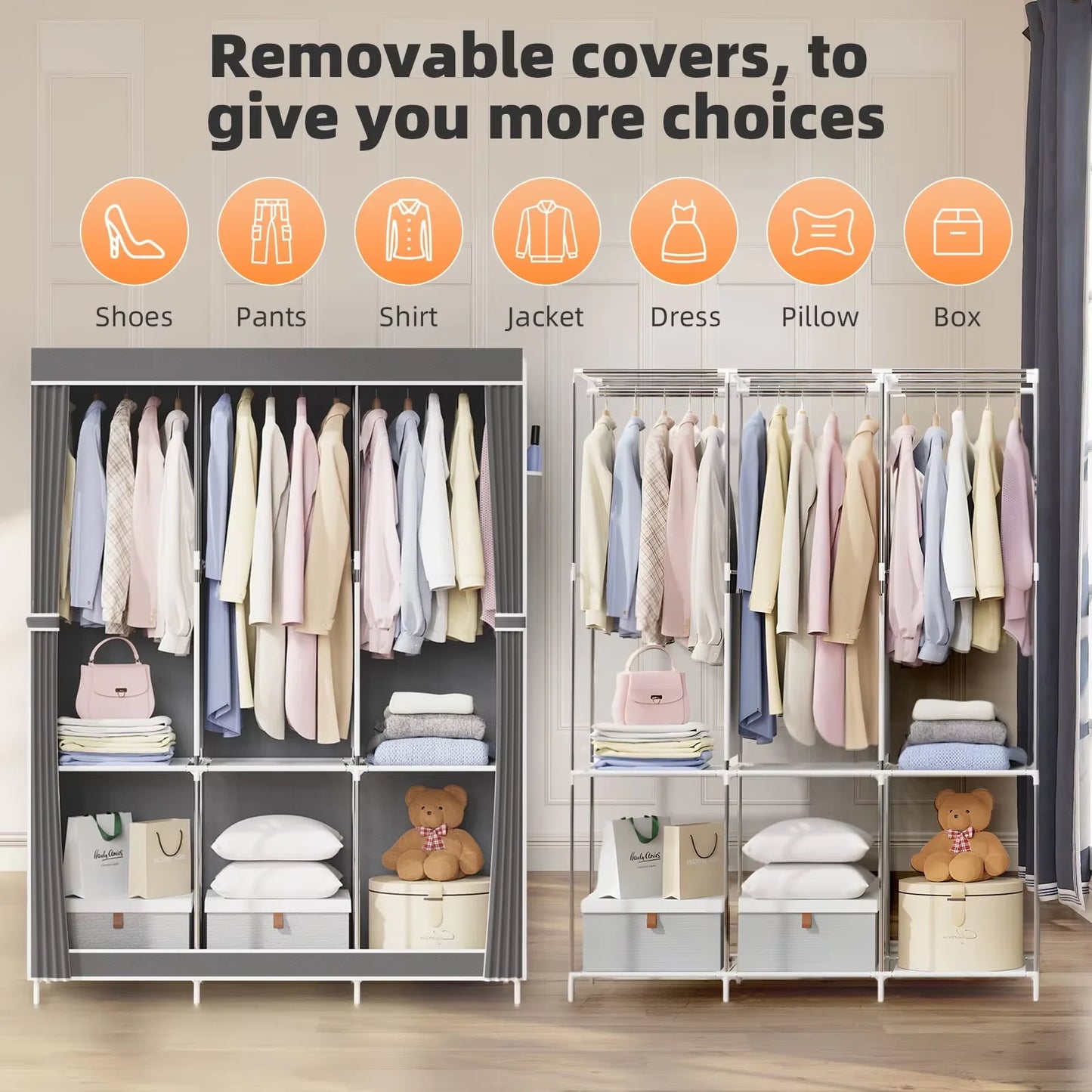 Space saving portable closet organizer, adjustable small space storage rack, easy to assemble, durable and versatile