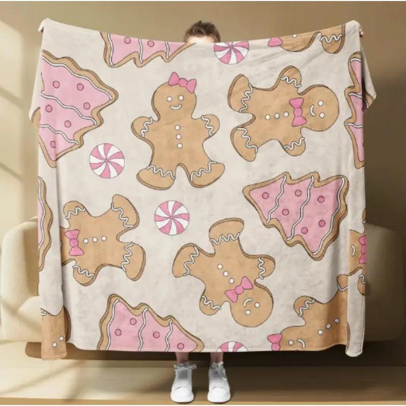 Christmas themed pink gingerbread blanket, can be used for sofa, lunch break, travel, holiday gifts, camping, home decoration