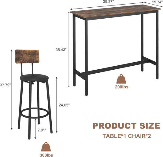 Bar Table and Chairs Set, Counter Height Dining Table & 2 PU Upholstered Stools with Backrest, Industrial 3 Piece Breakfast Bar