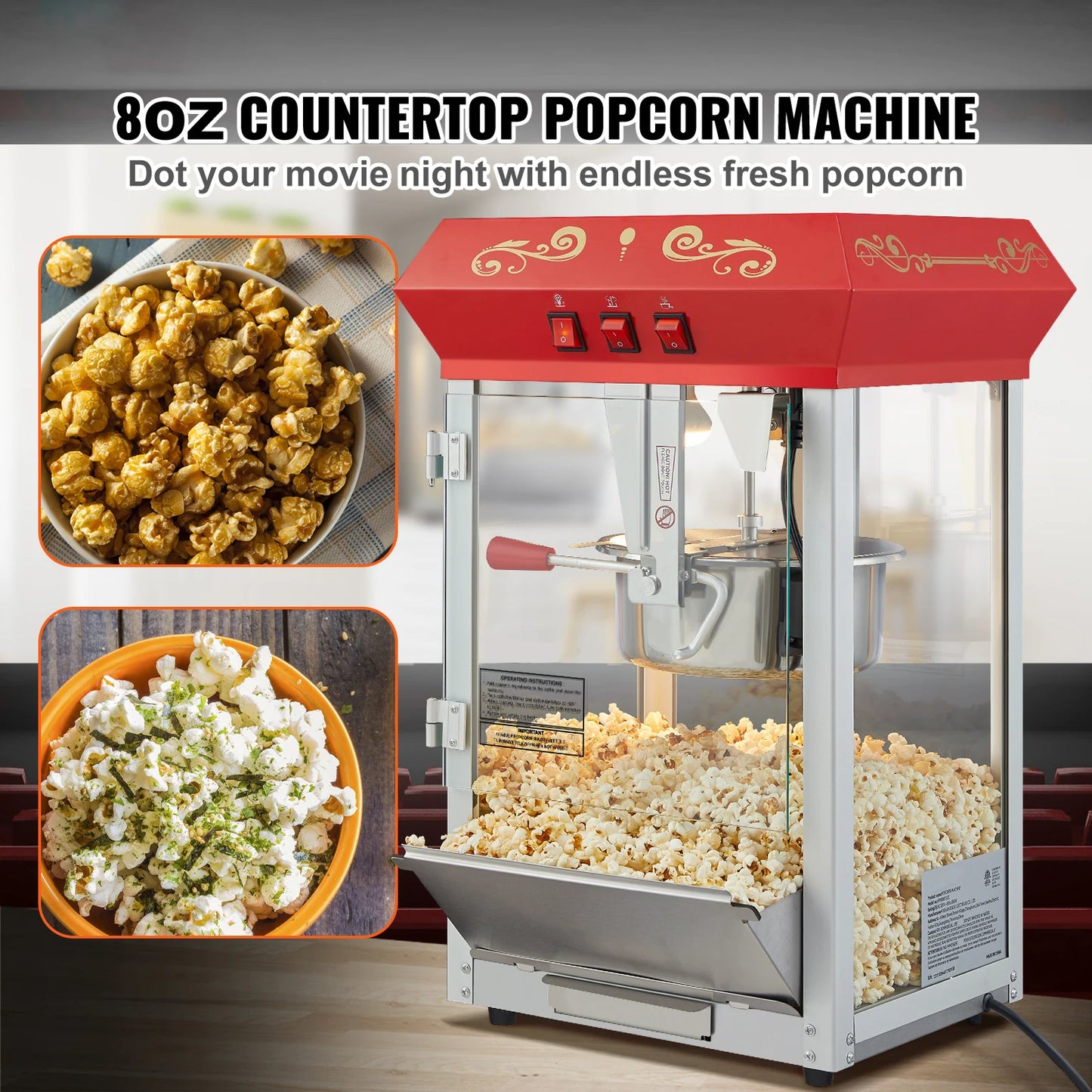 VEVOR 8/12Oz Electric Popcorn Maker Commercial Popper Machine  Automatic Corn Cookware with Scoop Spoon SUS304 Heating Tube
