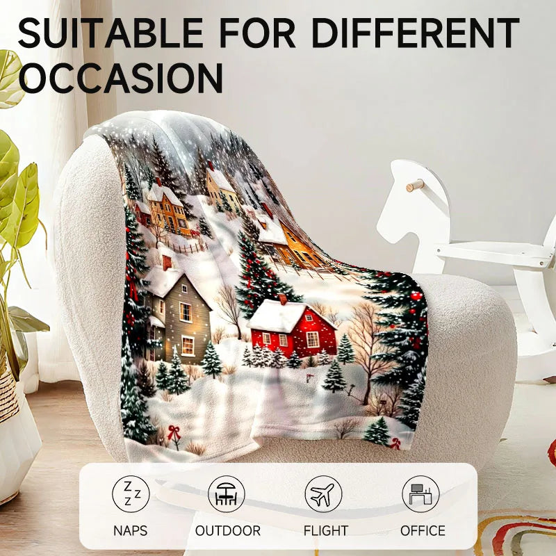 1 piece Christmas village-themed flannel blanket, perfect for sofa, bed, office. Ideal gift for family, friends, and holidays.