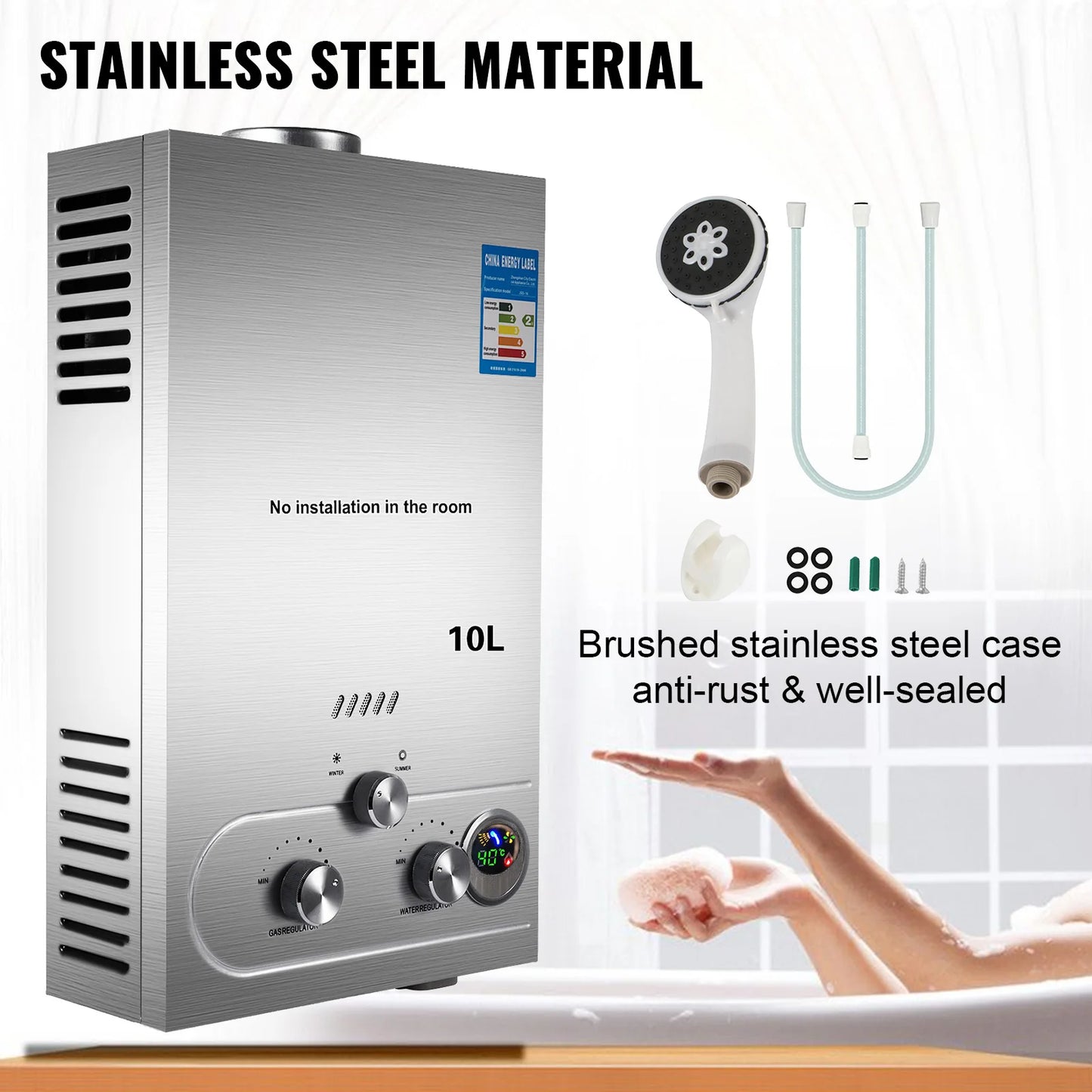 VEVOR Gas Water Heater LPG Hot Water Heater Stainless Steel Tankless  Propane Gas LPG Boiler Home Appliance 6L-18L