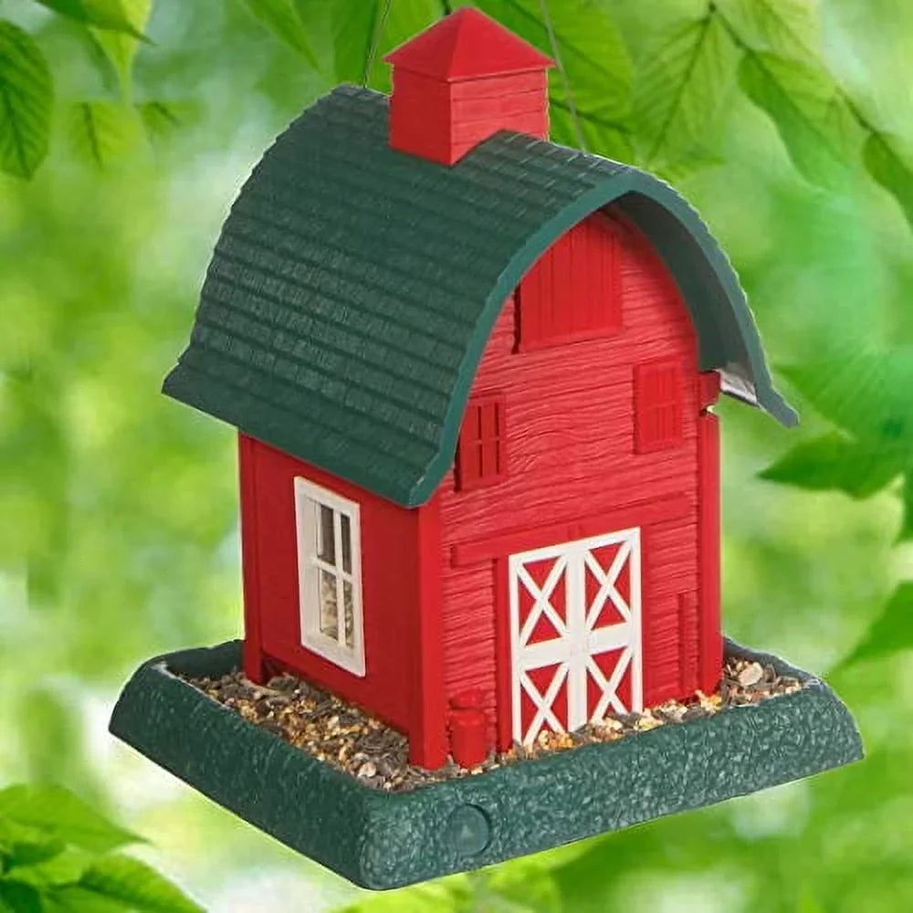 Red Barn Hopper Bird Feeder 5lb Capacity Squirrel Proof Durable Plastic Removable Tray Hanging or Pole Mounted Cardinals
