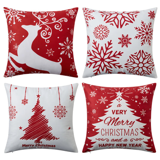 Christmas Pillow Covers 18*18 Inch Set of 4 Buffalo Plaid Farmhouse Throw Pillowcases Cotton Linen Vintage Cushion Covers Decor