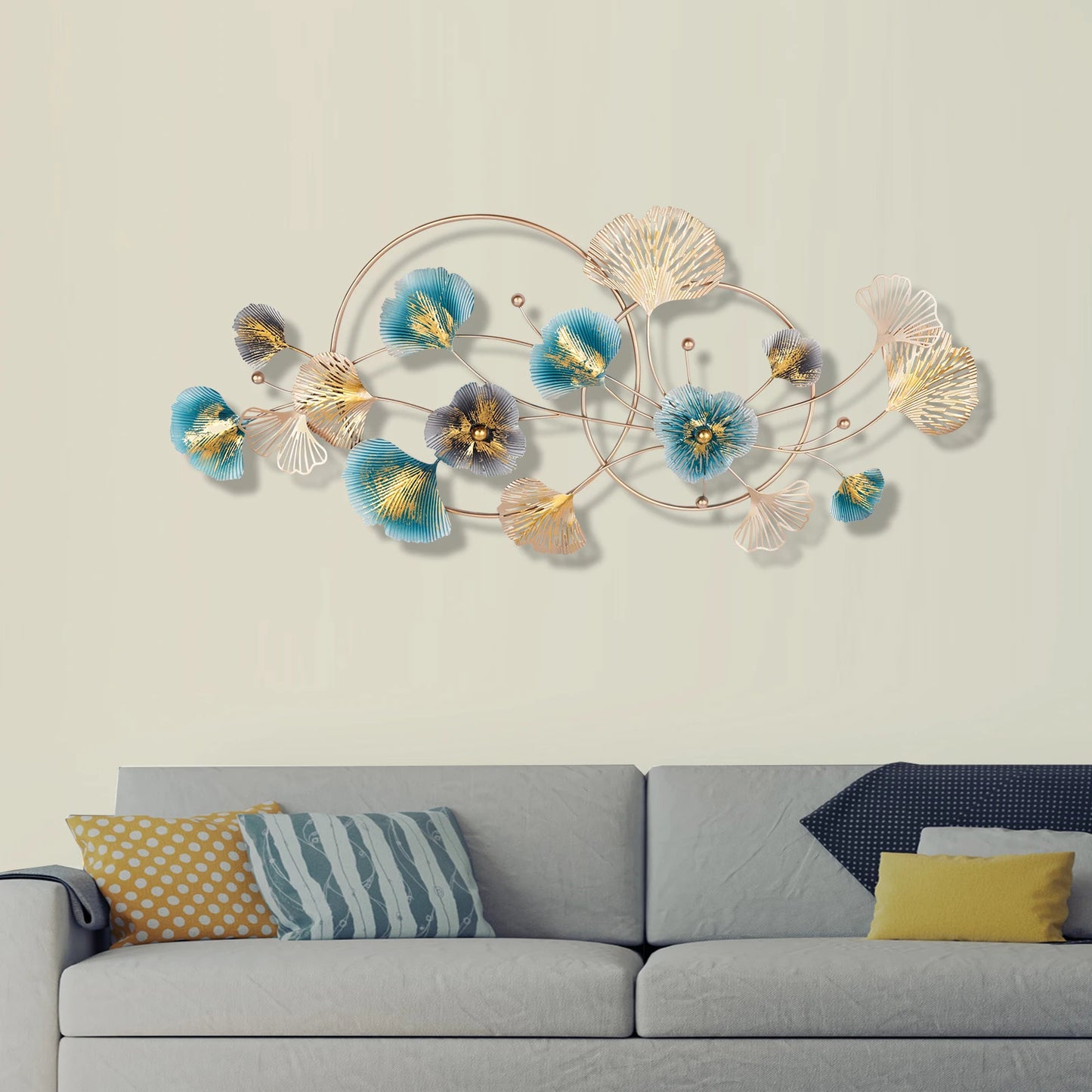 3D Golden Ginkgo Leaf Wall Hanging Decor with Frame, 48.03*20.47*1.97'' Metal Art Wall Sculpture for Living Room, Bedroom