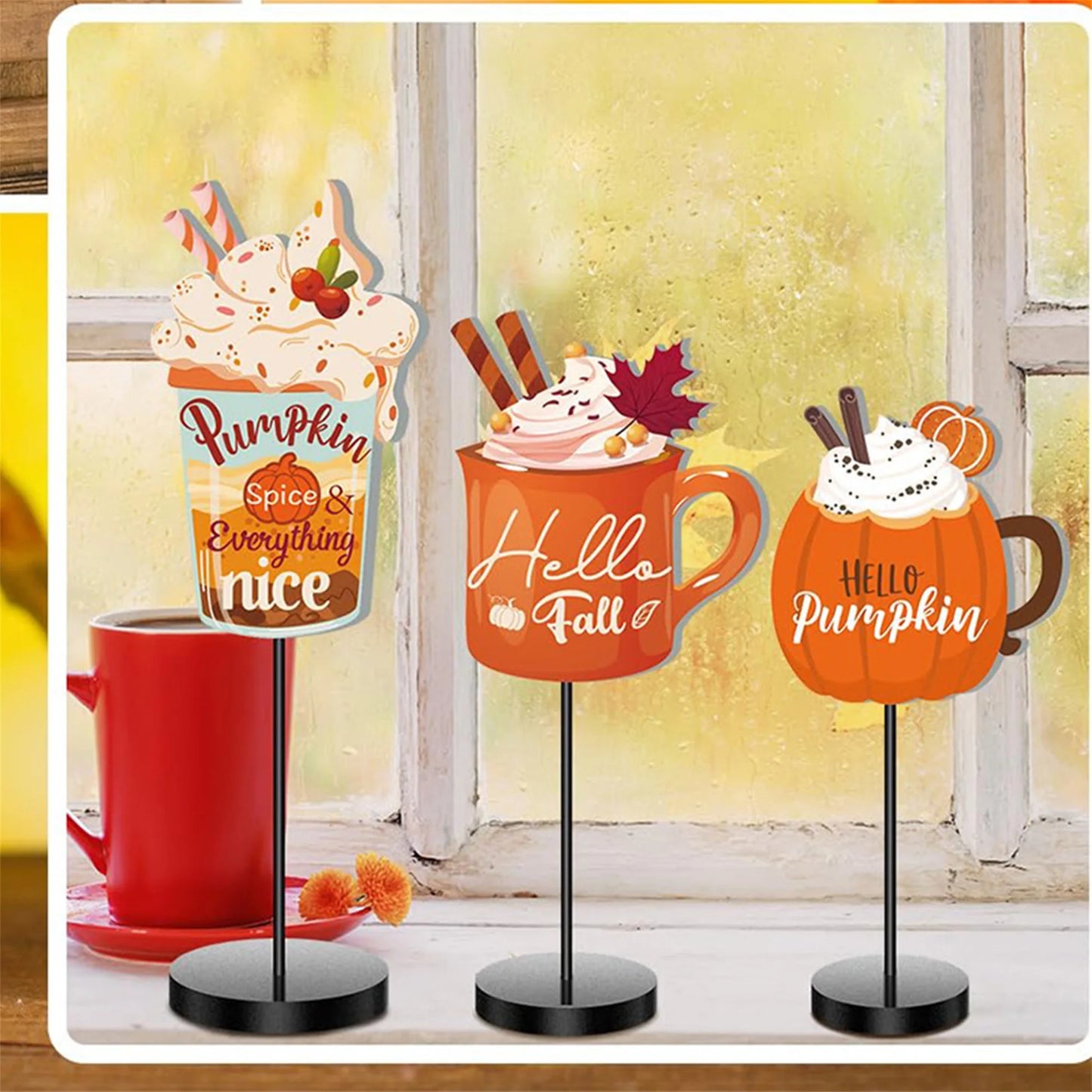 Thanksgiving Harvest Wooden Table Decor Set with Pumpkin Mugs Sign and Centerpieces for Fall Coffee Bar and Indoor Ornament