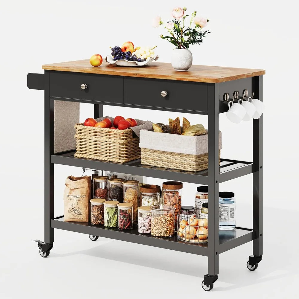 Kitchen Island Cart with Storage,40’’ Wooden Top,2 Tiers Spacious Shelves and Towel Bar, 2 Drawer Mobile Trolley Cart On Wheels