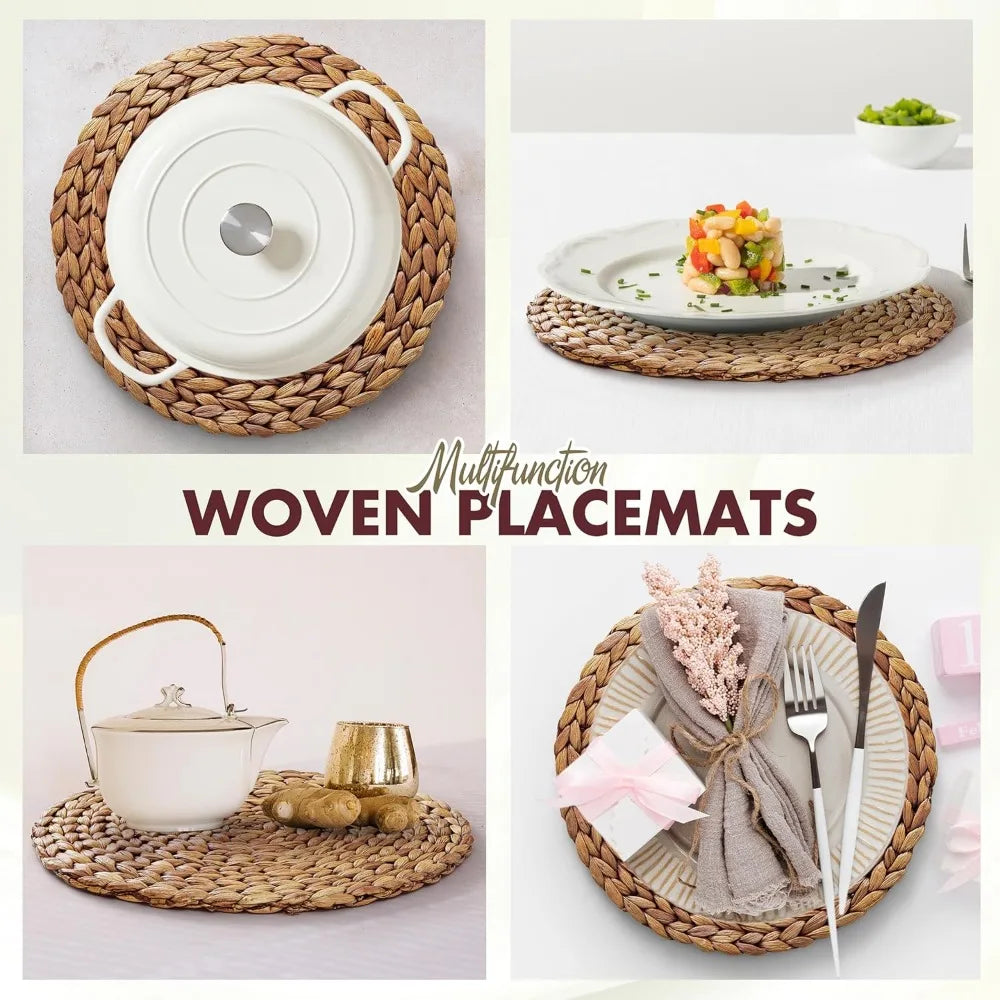 (Sizes:11.8"-13.5''-15")  Round Woven Placemats, 13.5'' Natural Wicker Straw Mats (Pack of 10), Hand-Braided Non-Slip & Heat Res