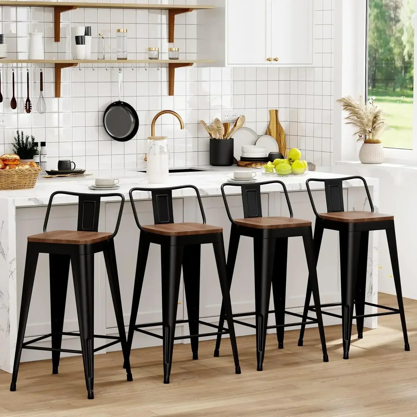 Xmsj.metal Set Of 4 Counter Height Bar Stools stools With Removable Back 26" Kitchen    Wooden Seat,
