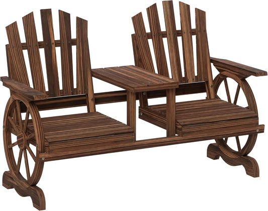 Wooden Garden Bench with Table, Umbrella Hole, 2-Seat Wagon Wheel Outdoor Bench with Slatted Seat, High Backrest, Armrests
