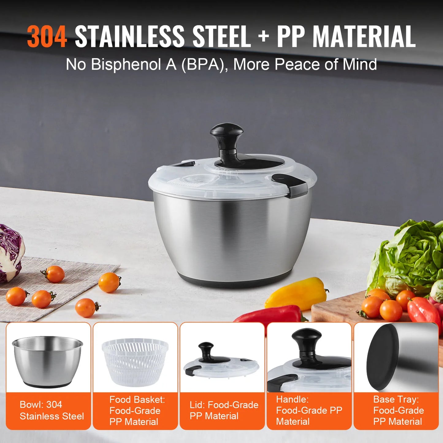 VEVOR Stainless Steel Salad Spinner 4.75Qt One-handed Easy Press Large Vegetable Dryer Washer for Greens Herbs Berries Fruits