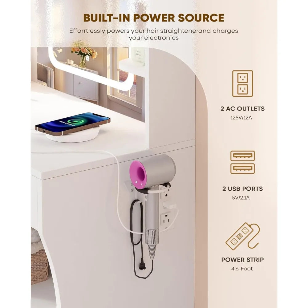 Dressing Table with Smart LED Mirror - Small Vanity Desk, 2 Drawers, 5 Shelves & Power Outlet