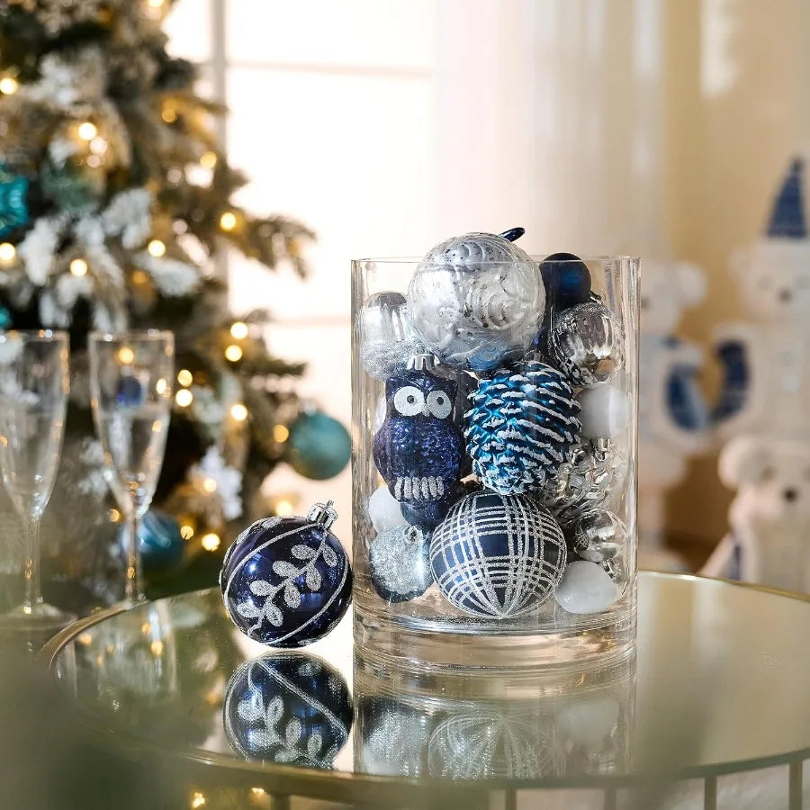 70piece navy blue and silver shatterproof Christmas tree ornaments set with woodland theme for holiday decorations ideal for Th