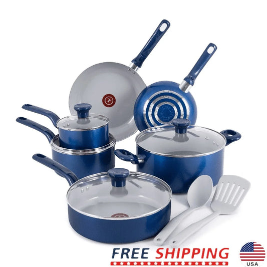 12 Piece Non Stick Ceramic Cookware Set with Thermo Spot Technology Comfortable Handles Easy to Clean Even Heat Base Kitchen
