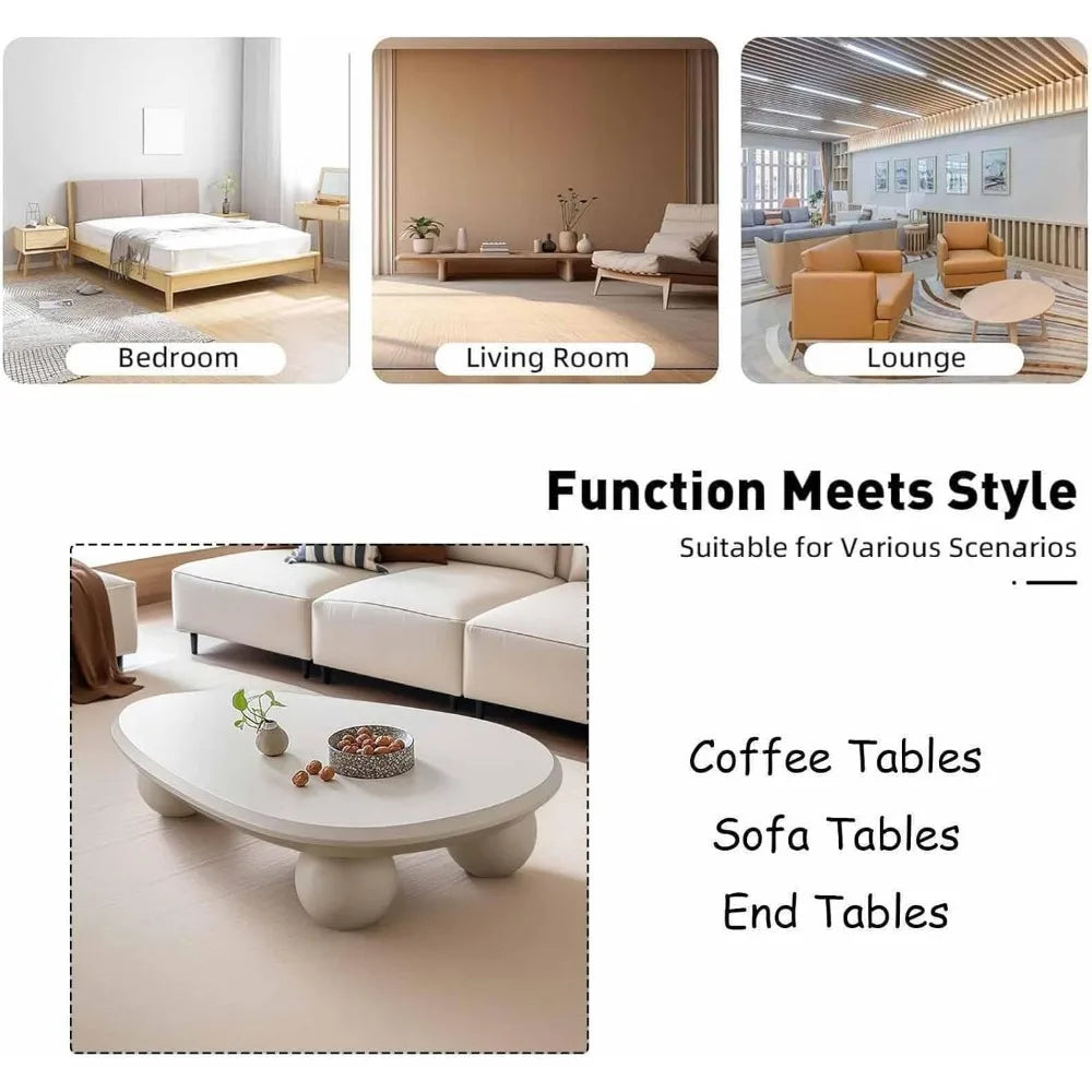 White Modern Coffee Table Cloud Shape Low Coffee Table Cartoon Irregular Indoor Accent Tea Table with 3 Round Ball Leg, for Livi