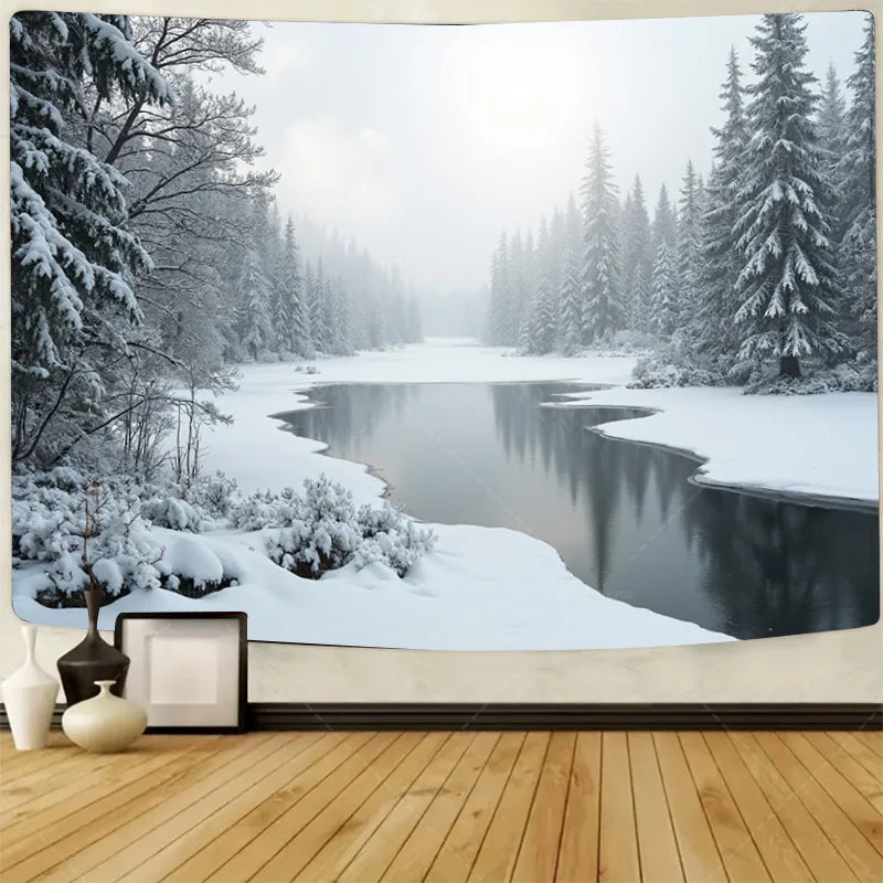 1pc Wall Tapestry "Winter Wonderland Tapestry - Snowy Forest & River Scene"