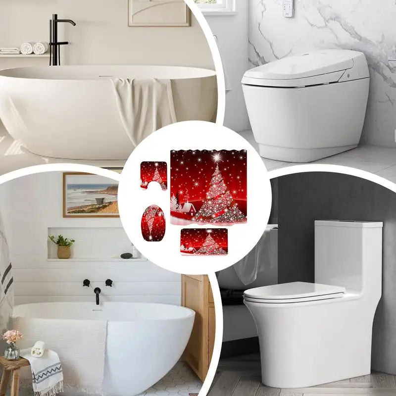 Toilet Lid Cover Rug Set Fast Drying Christmas Tree Shower Curtains Set Creative Shower Drapes Non-Slip Bath Mat For Home