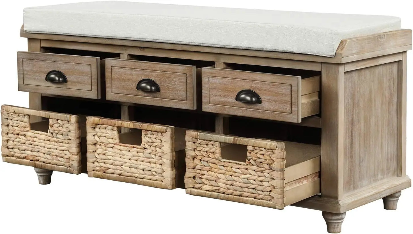 Wood Storage Bench with 3 Drawers, 3 Rattan Baskets, Rattan Entryway Bench with Removable Cushion Home (White Washed)