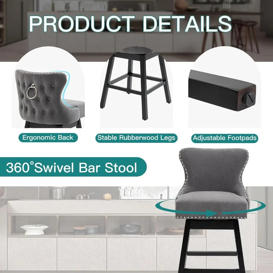 Swivel Velvet Bar Stools Set of 4 29 Seat Height Counter Stools with Tufted Back and iled Trim Upholstered Barstools with Pull