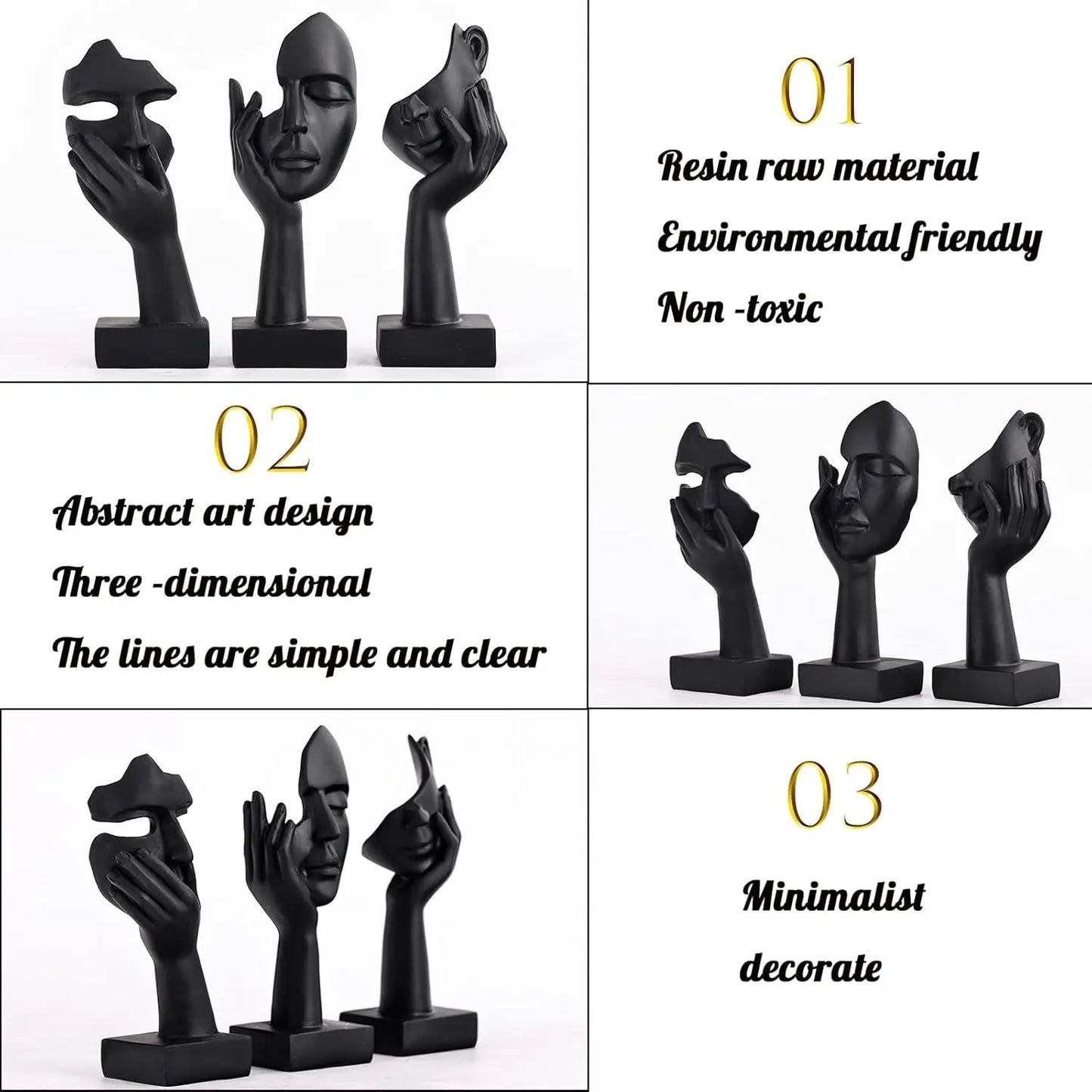 3 Pcs Thinker Small Statue Set - Black Art Abstract Home Accent Figurines for Woman Apartment Counter Decor (3 Pcs Black, 6")