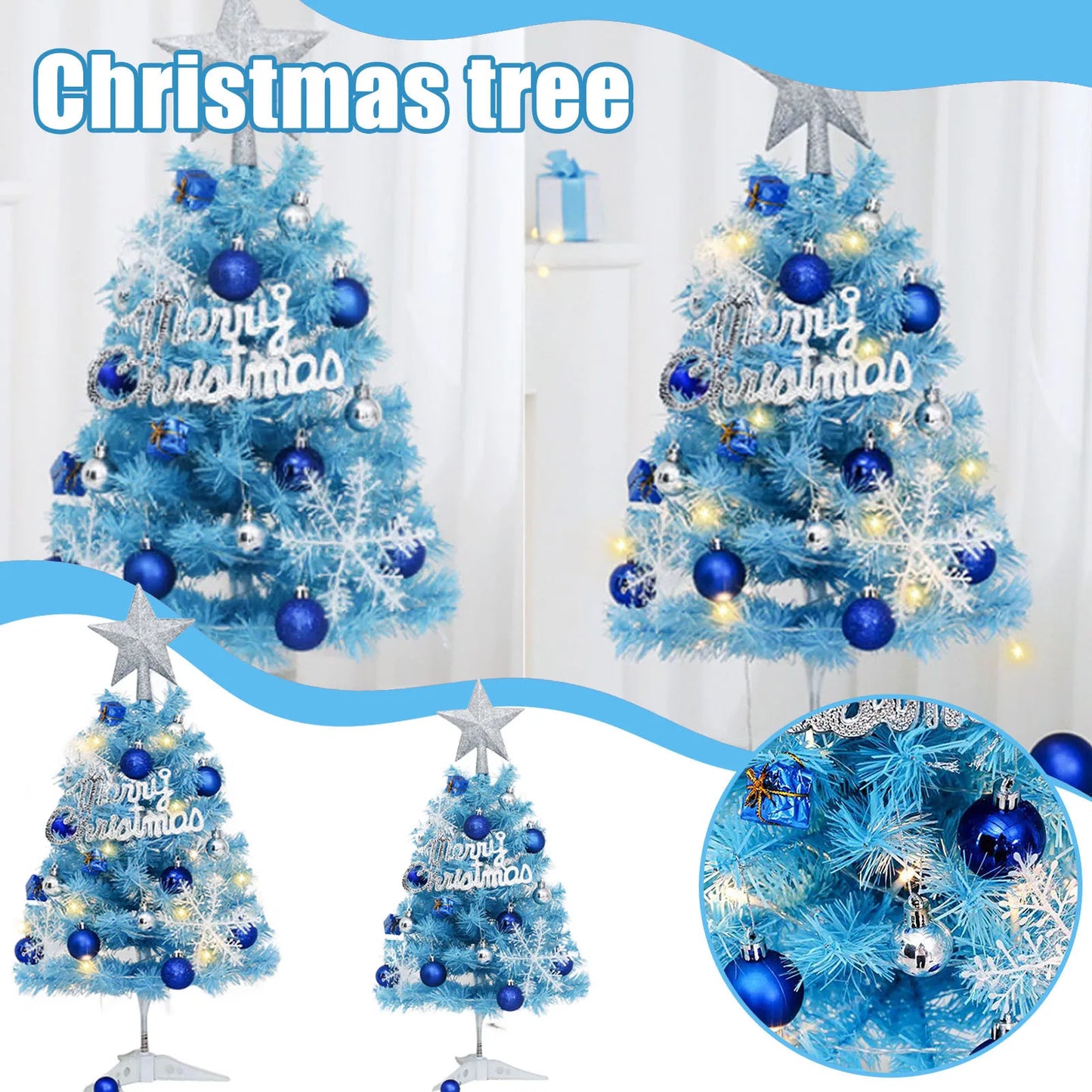 Blue Christmas Tree Set Festive Christmas Decor Mini Tree with Ornaments Lights Party Decor Collectible Home Decor Gift
