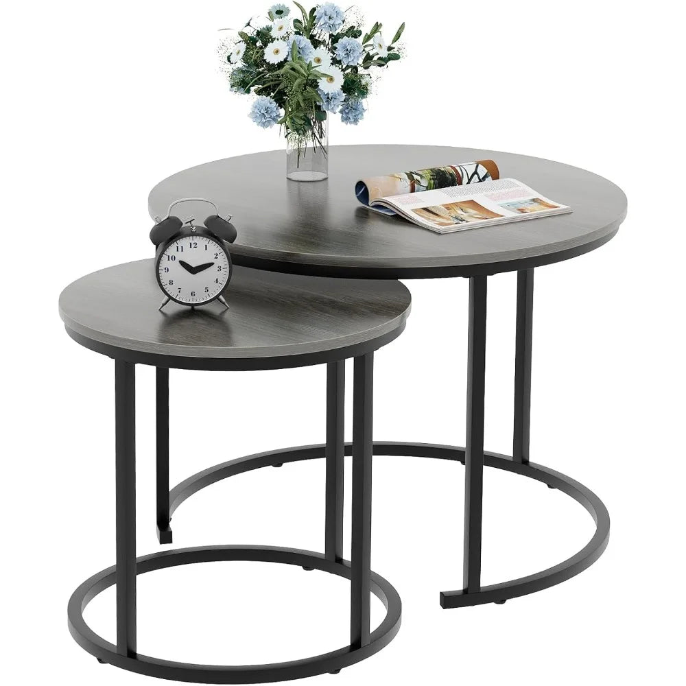 Nesting Coffee Table, 23.6" Round Coffee Table Set of 2, Wooden Nesting Table Set with Metal Frame, Side Tables for Living Room